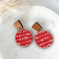 White Heart Arrow Leather/Wood Circle Earrings