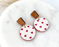 Tiny Red Heart Leather/Wood Circle Earrings