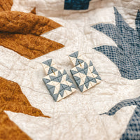 Quilted Style Stud Dangle Earrings | White + Blue