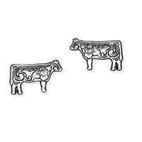 Western Themed Flower Engraved Cow Stud Earring