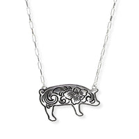 Western Themed Flower Engraved Pig Pendant Necklace