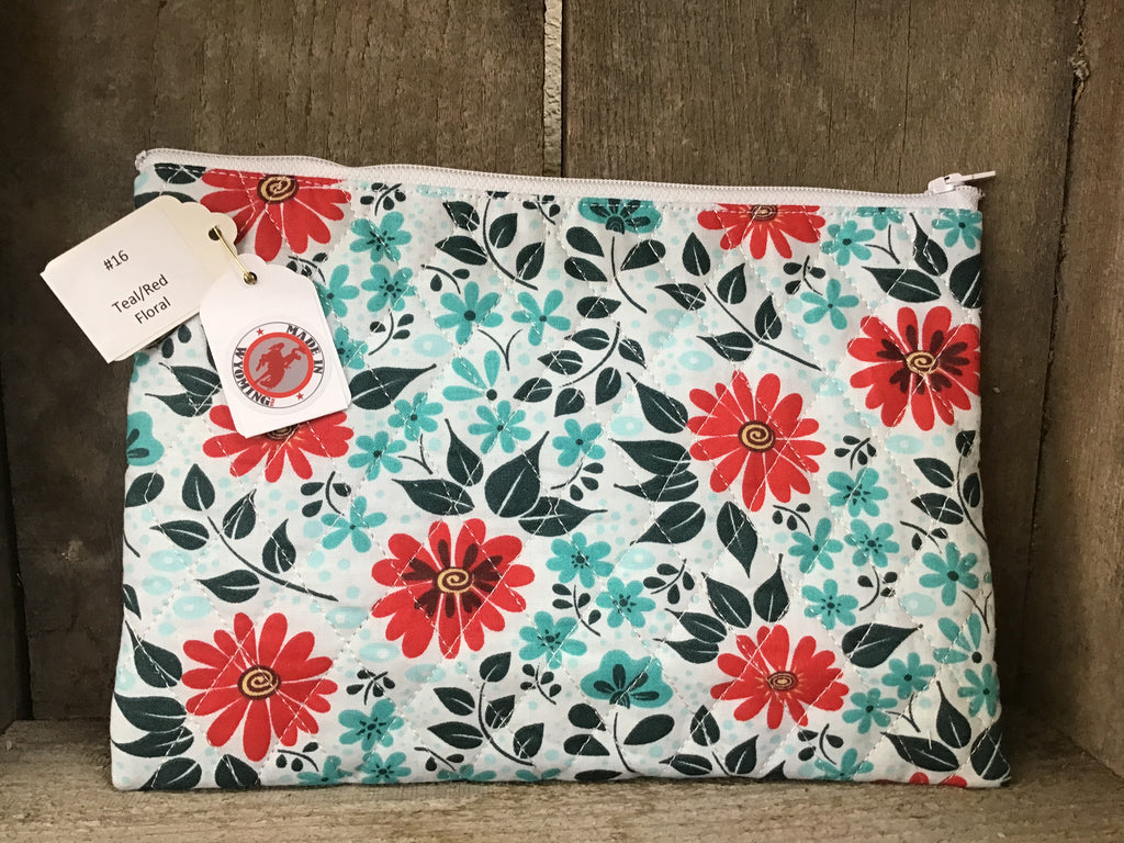 #16 Teal/Red Floral Large Zip Case Pouch