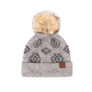 C.C Aztec Print Beanie Hat With Faux Fur Pom: Burgundy
