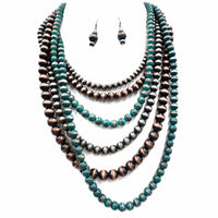 Navajo Bead Turquoise Silver Layer Five Necklace Earrings Set