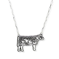 Western Themed Flower Engraved Cow Pendant Necklace