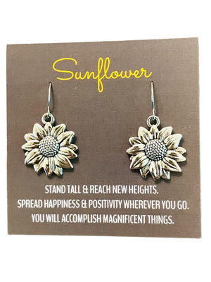 Silver Sunflower Dangle Fishhook Earrings Artisan Handmade