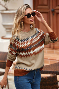 Western Print Colorblock Crew Neck Sweater
