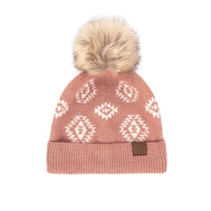 C.C Aztec Print Beanie Hat With Faux Fur Pom: Burgundy