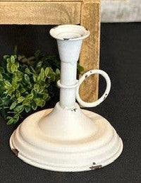 White Distressed Ring Handle Taper Candle Holder