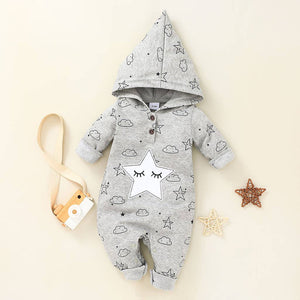 Baby Girl Moon Stars Button Hooded Long-sleeve Jumpsuit