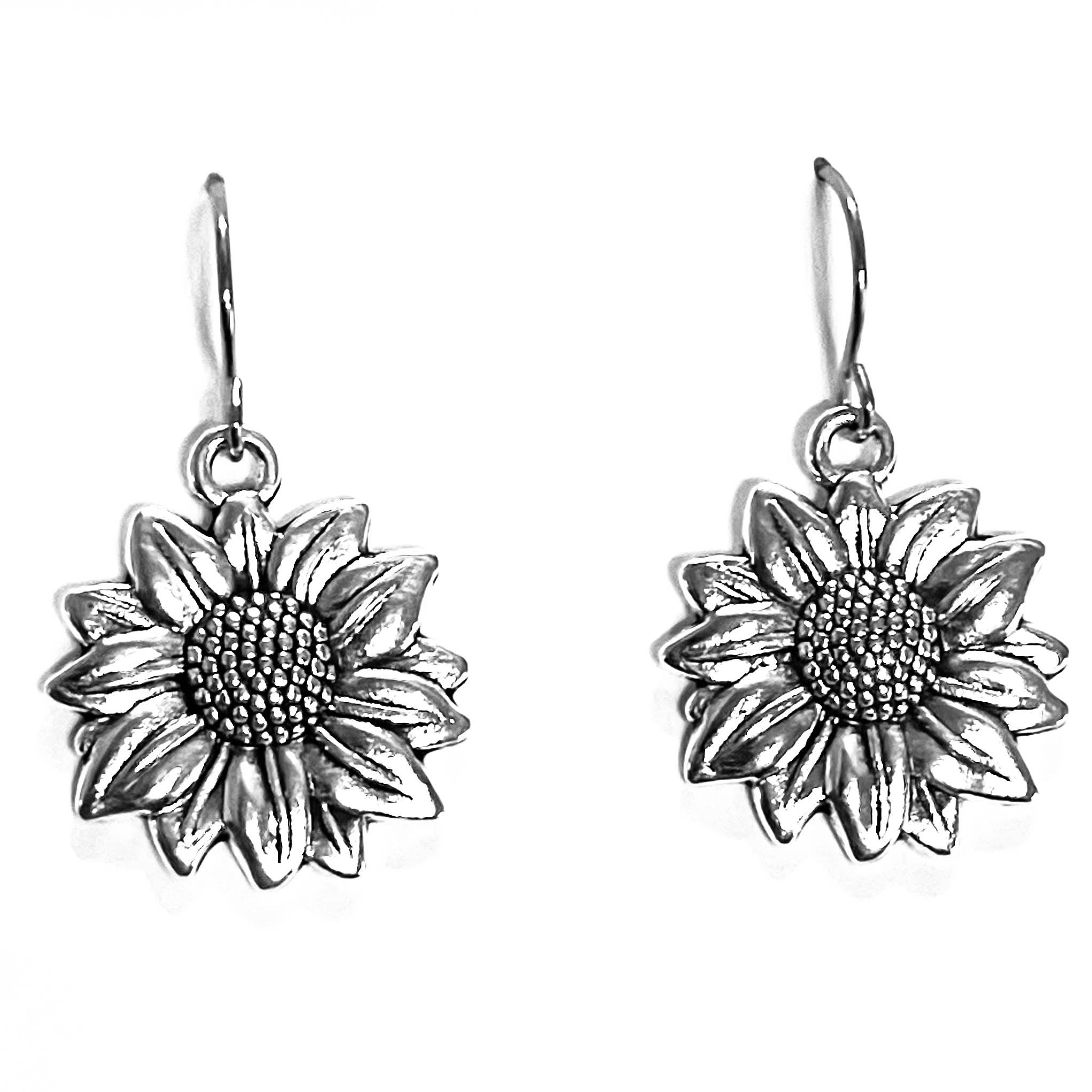 Silver Sunflower Dangle Fishhook Earrings Artisan Handmade