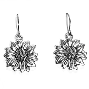 Silver Sunflower Dangle Fishhook Earrings Artisan Handmade