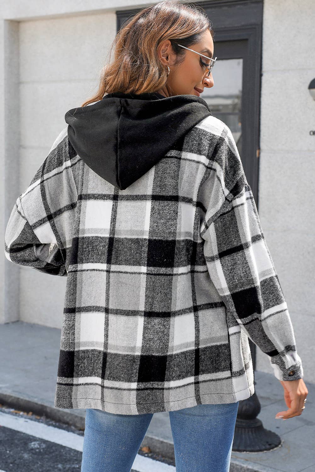 Gray Hooded Plaid Button Front Shacket