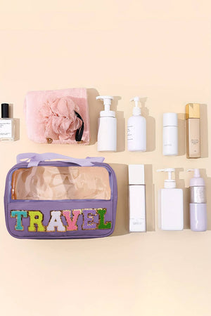 TRAVEL Chenille Letter Clear PVC Makeup Bag: Purple / ONE SIZE