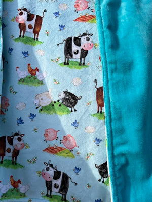 CHRIS' CREATIONS: Baby Cuddle Blanket #13 Happy Farm Animals - teal