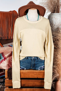 Fashion-W Thermal Knit Patchwork Exposed Seam Top