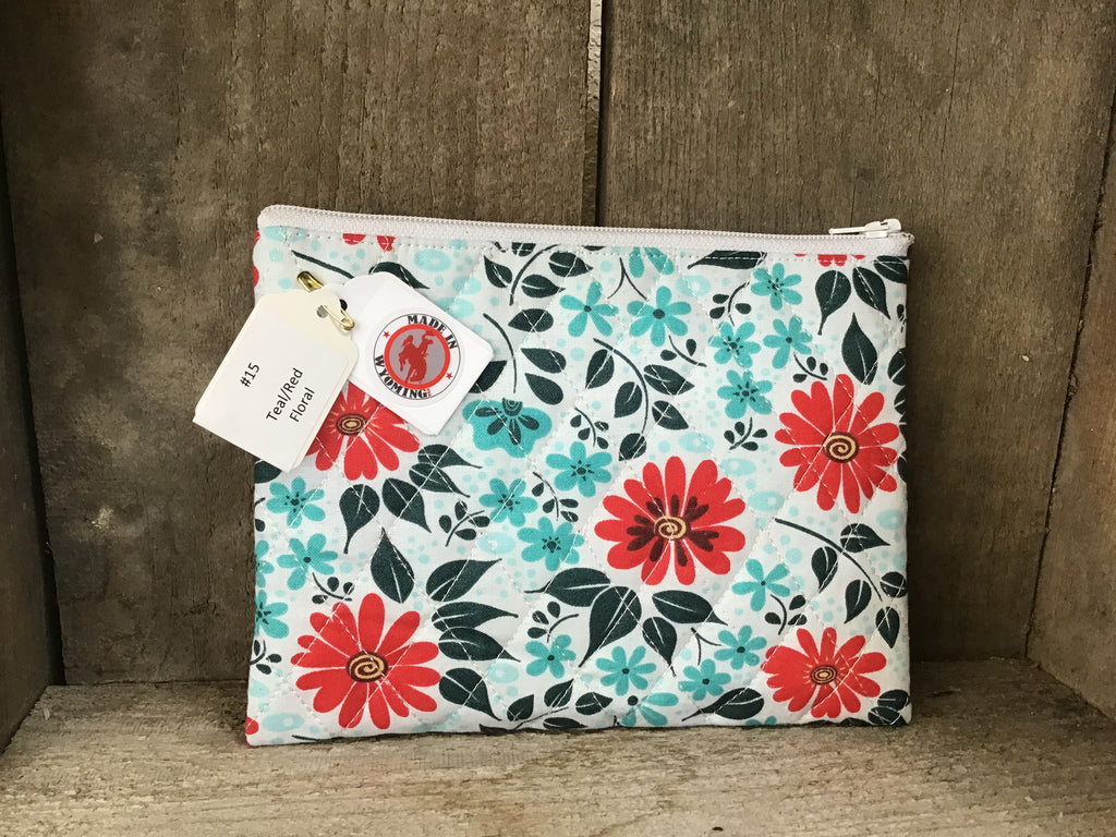 #15 Teal/Red Floral Medium Zip Case Pouch