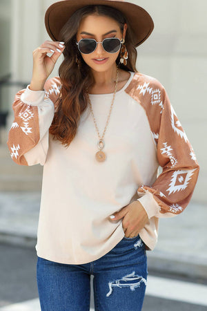 Western Print Patch Long Sleeve Top/Multicolor