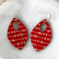 White Arrow w/Red Patterned Leather Teardrop Earrings