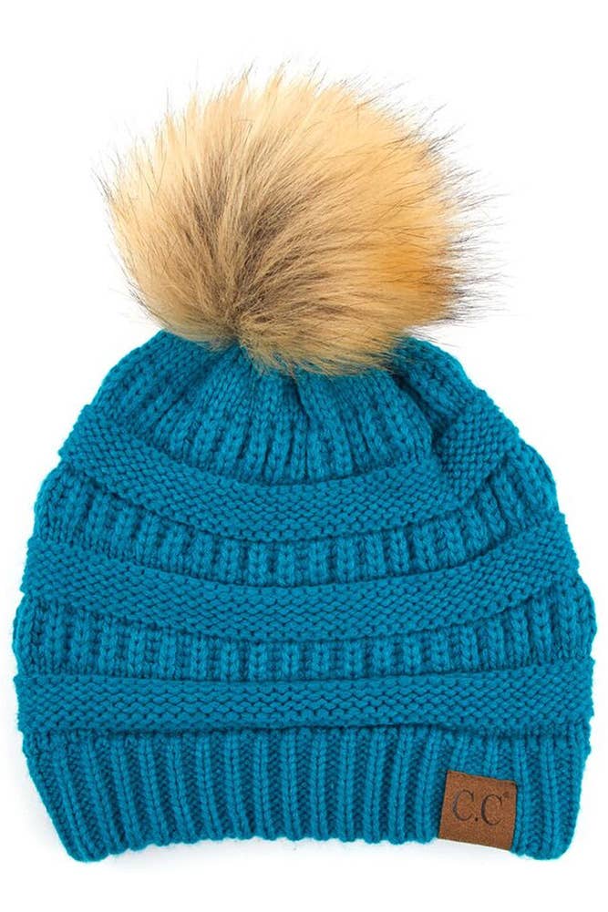 C.C Solid Ribbed Knit Beanie With Pom