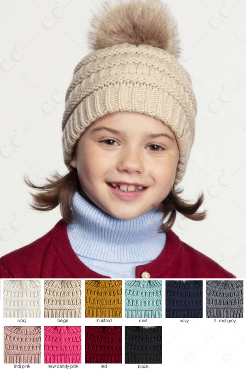 C.C Kids Solid Ribbed Beanie with Pom: Mustard