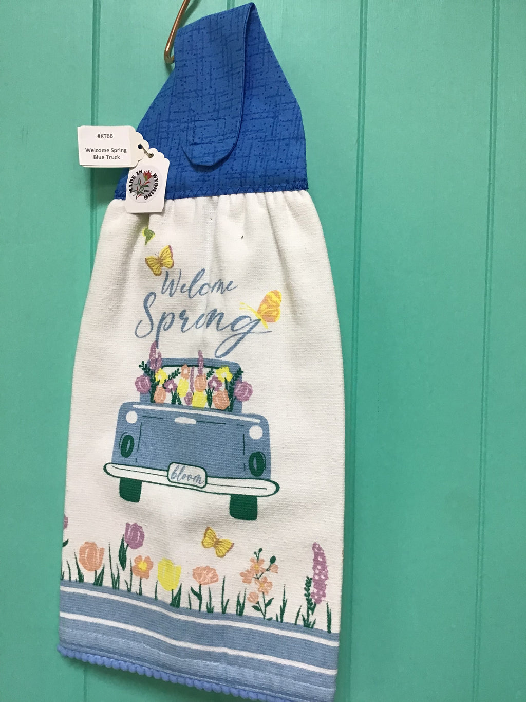 #KT66 Welcome Spring - blue truck kitchen towel