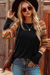 Fashion-W Western Fall Geo Raglan Patchwork Long Sleeve Tee