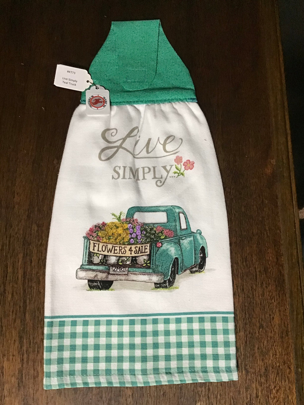 #KT73 Live Simply - teal truck kitchen towel
