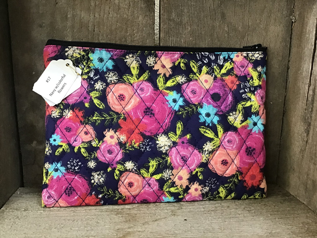 #16 Navy w/colorful flowers Medium Zip Case Pouch