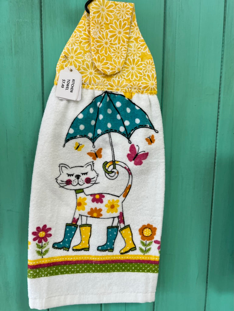 #KT83 Whimsical cat with umbrella kitchen towel