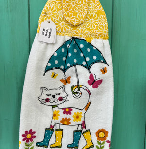 #KT83 Whimsical cat with umbrella kitchen towel