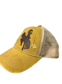 C.C Distressed washed mesh baseball cap mustard Wyoming steamboat patch design