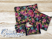 ZIP CASE SET Rose Colored Flowers on Navy