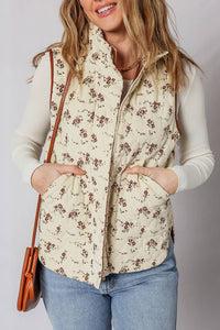 Floral Print Zip Up Quilted Vest