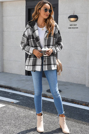 Gray Hooded Plaid Button Front Shacket