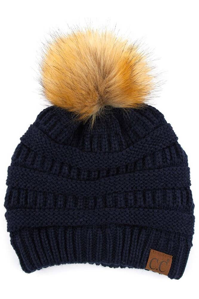 C.C Solid Ribbed Knit Beanie With Pom: Black