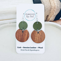 Round Wood & Army Green Earrings