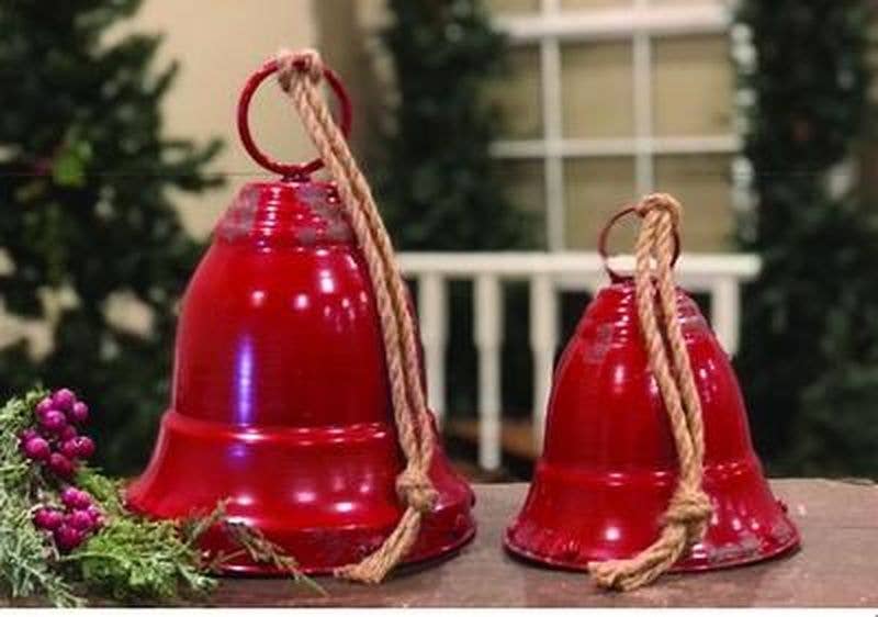 Red Distressed Metal Bell with Rope Hanger Small