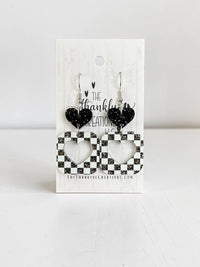 Checkered Heart Cutout Glitter Dangle Earrings