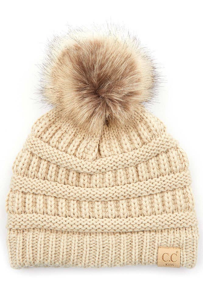 C.C Kids Solid Ribbed Beanie with Pom: Mustard