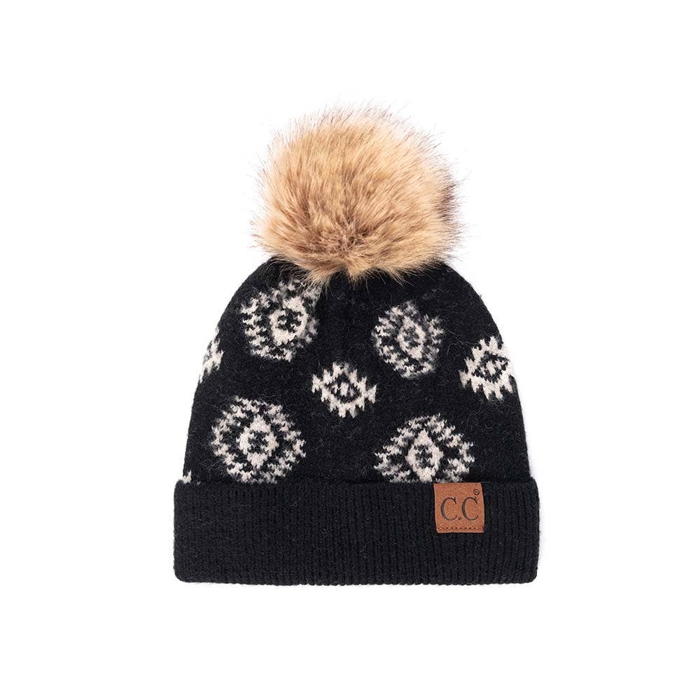 C.C Aztec Print Beanie Hat With Faux Fur Pom: Burgundy