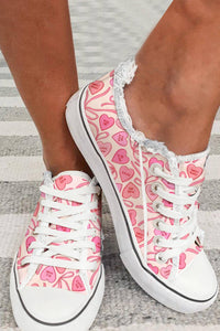 LDC Ribbon Heart Print Frayed Trim Lace Up Flat Shoes