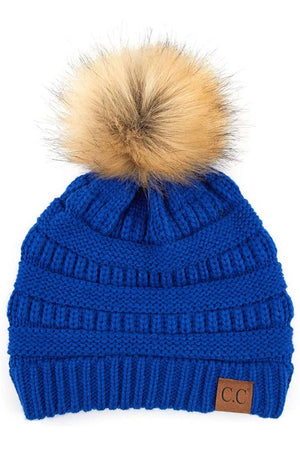 C.C Solid Ribbed Knit Beanie With Pom