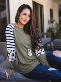 Stripe Animal Print Nancy Top: Olive Green / Medium
