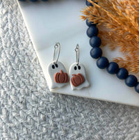 Polymer Clay earrings - Ghost holding pumpkin