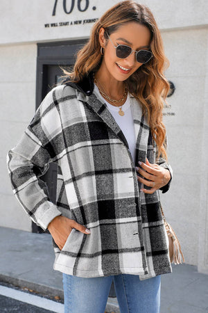 Gray Hooded Plaid Button Front Shacket