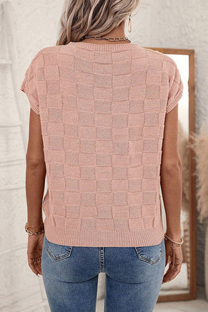 Lattice Textured Knit Short Sleeve Sweater