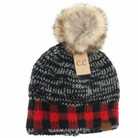 Buffalo Check Mixed Print Fur Pom C.C Beanie HAT2083