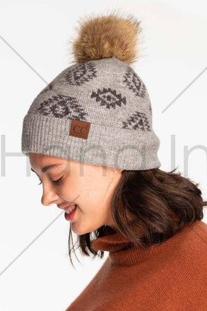 C.C Aztec Print Beanie Hat With Faux Fur Pom: Burgundy