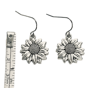 Silver Sunflower Dangle Fishhook Earrings Artisan Handmade